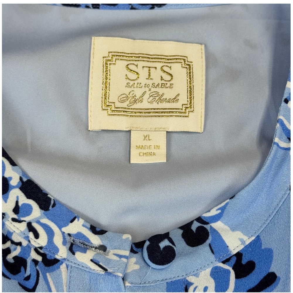 STS Blue Floral Midi Dress Button Front Flutter Sleeve Wood Buckle Belt XL - Picture 5 of 10